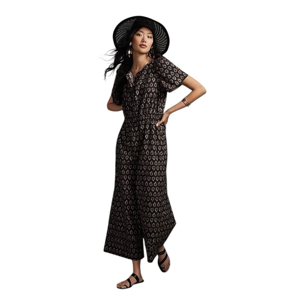 Anthropologie Women XS Black Wide leg Somerset Jumpsuit Motif Patterned BOHO